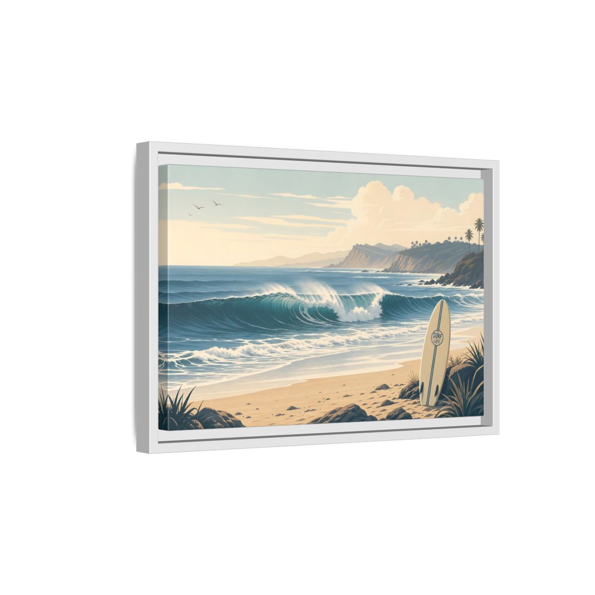 Side Mockup 4. Sunlit Surf Coast shown as framed canvas print