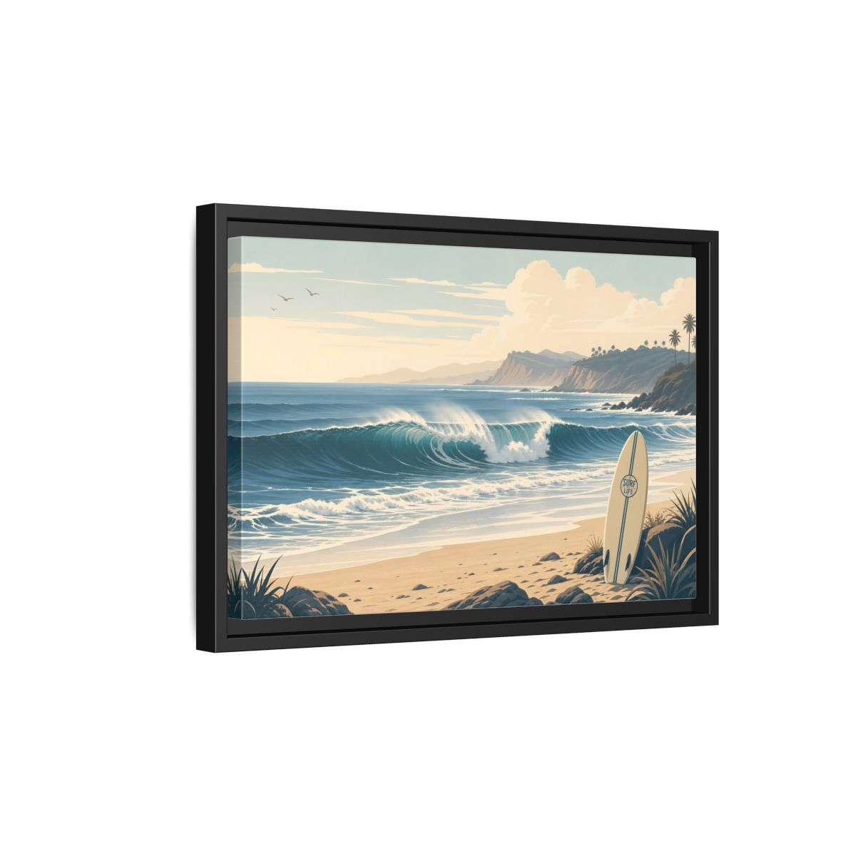 Side Mockup 6. Sunlit Surf Coast shown as framed canvas print