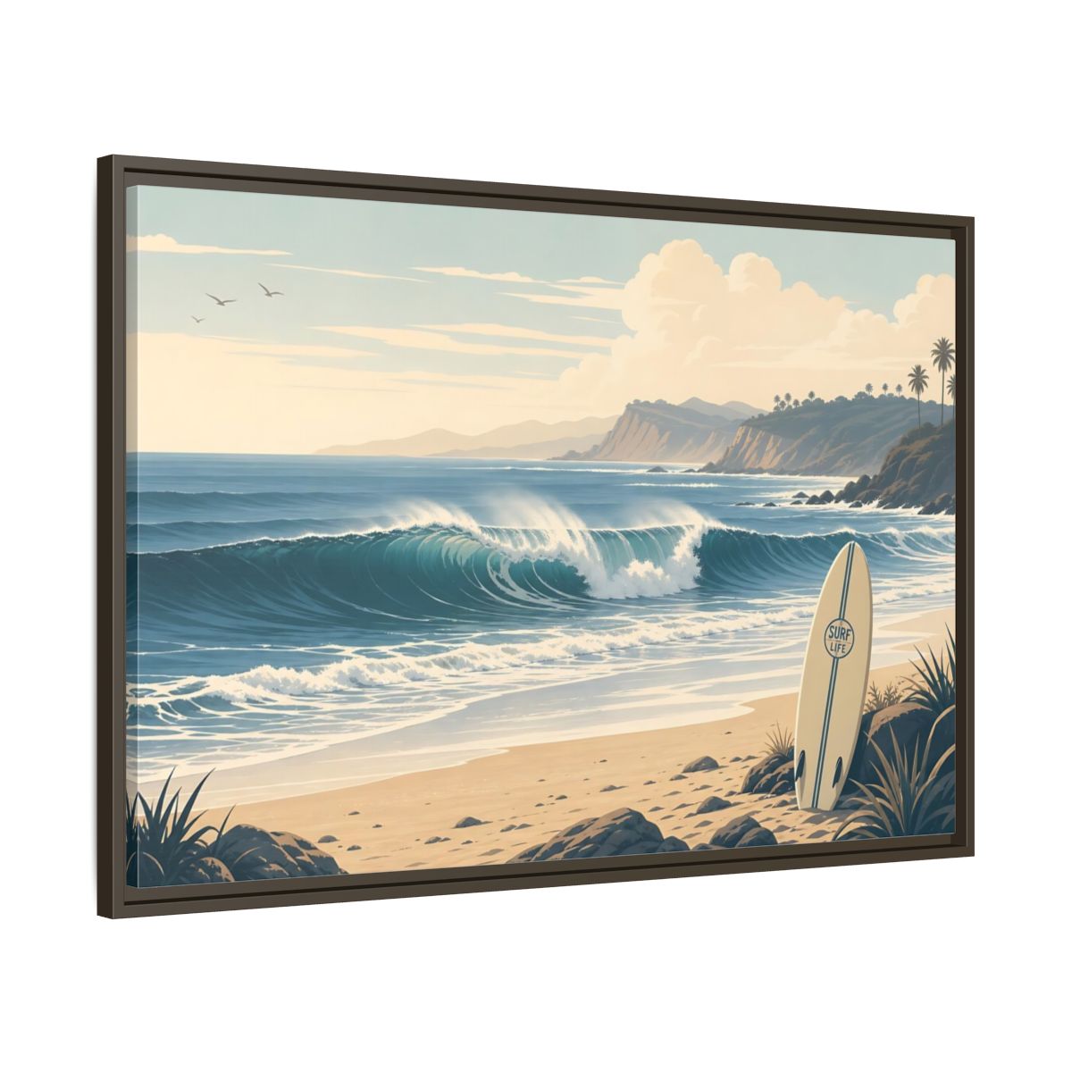 Main Mockup. Sunlit Surf Coast shown as framed canvas print