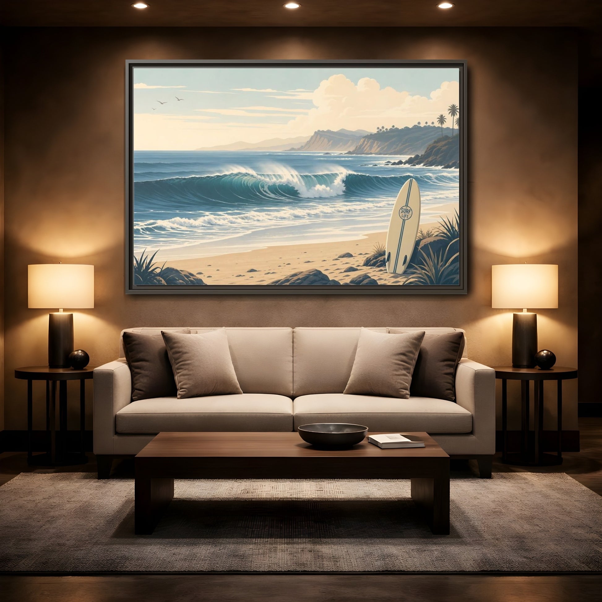 Mockup 2. Sunlit Surf Coast shown as framed canvas print