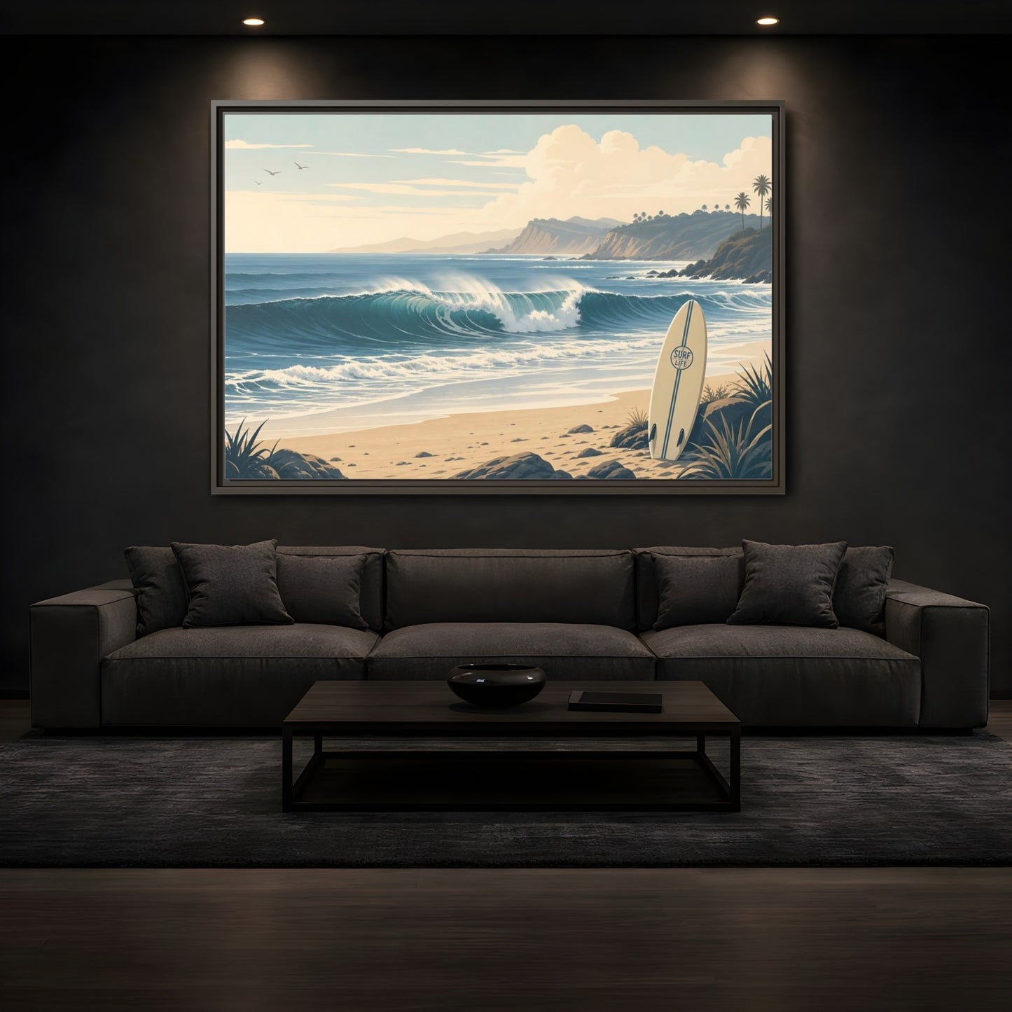 Mockup 3. Sunlit Surf Coast shown as framed canvas print