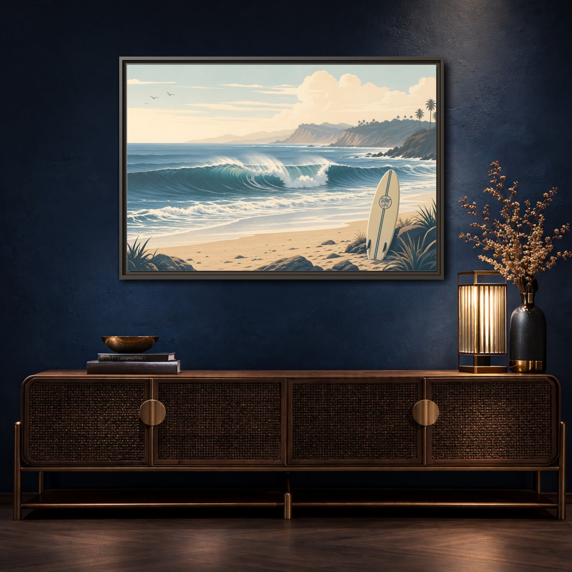 Mockup 4. Sunlit Surf Coast shown as framed canvas print