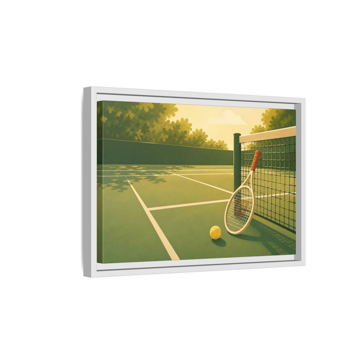 Side Mockup 4. Sunlit Tennis Court shown as framed canvas print