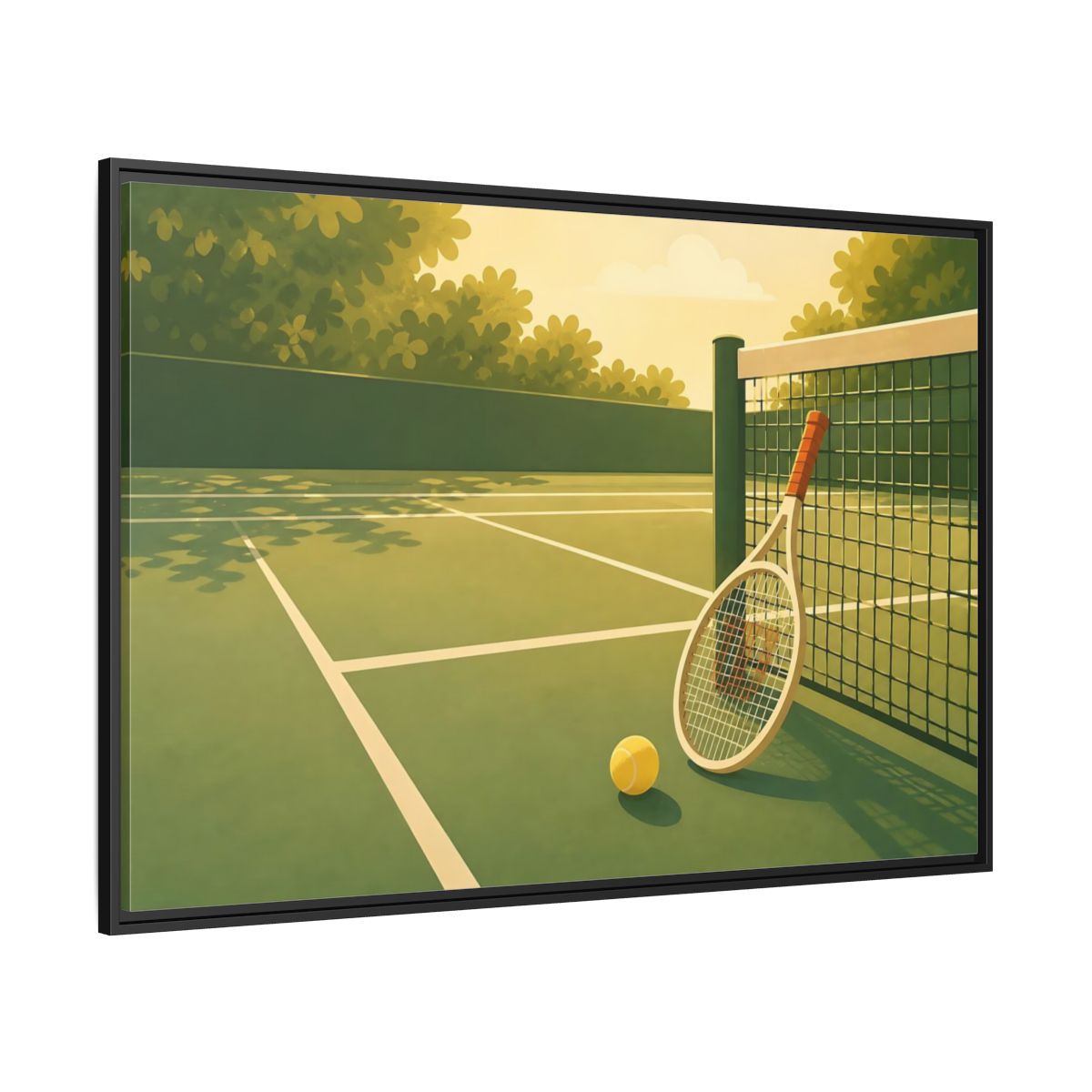 Side Mockup 12. Sunlit Tennis Court shown as framed canvas print