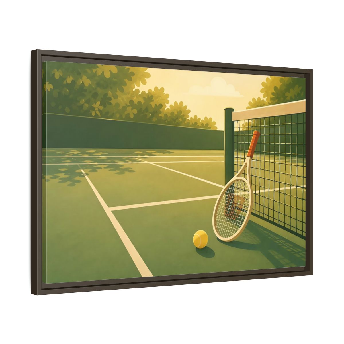 Side Mockup 11. Sunlit Tennis Court shown as framed canvas print