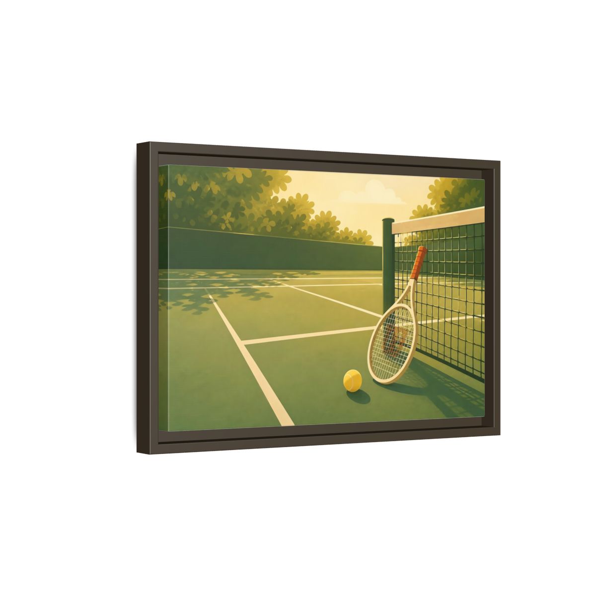 Side Mockup 5. Sunlit Tennis Court shown as framed canvas print