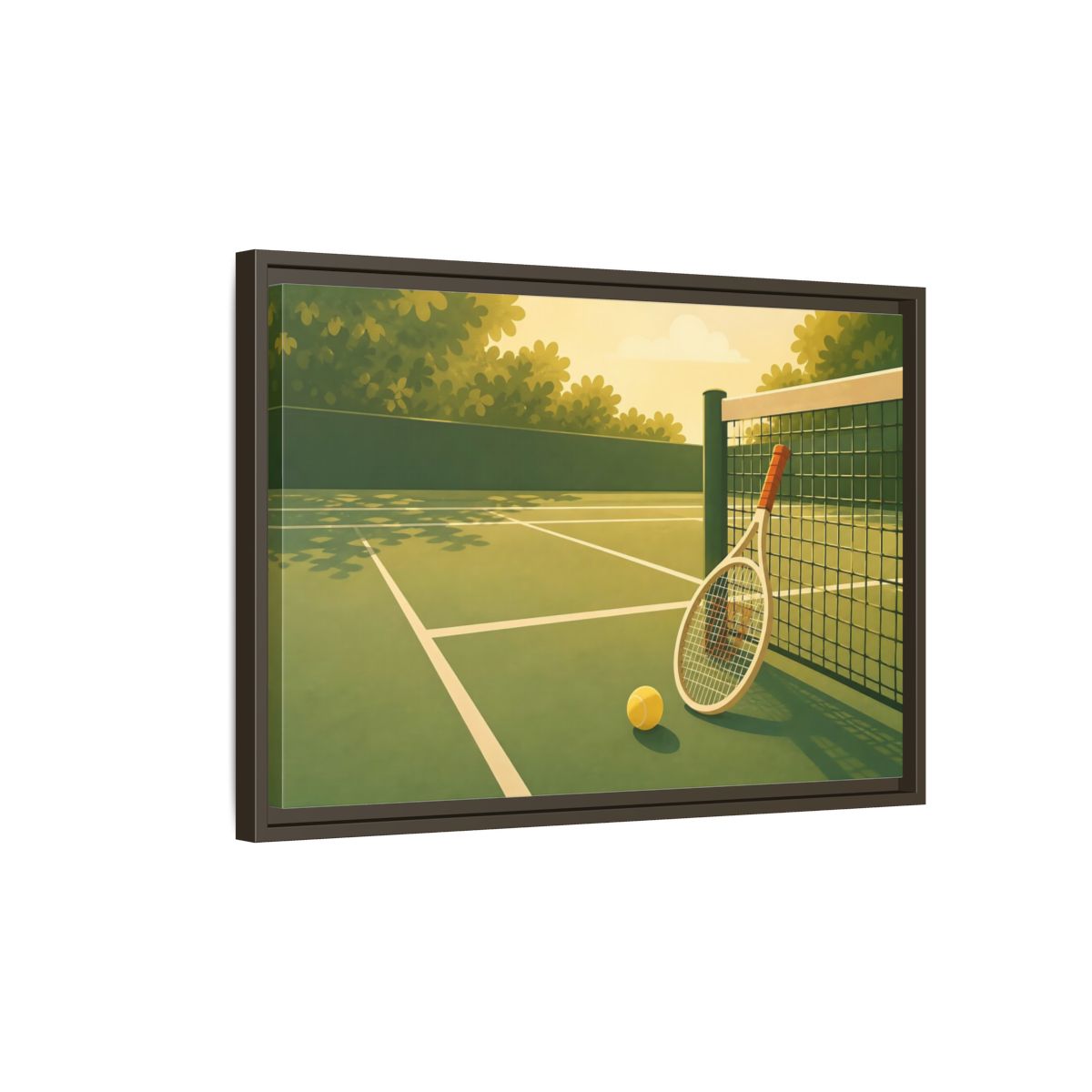 Side Mockup 2. Sunlit Tennis Court shown as framed canvas print