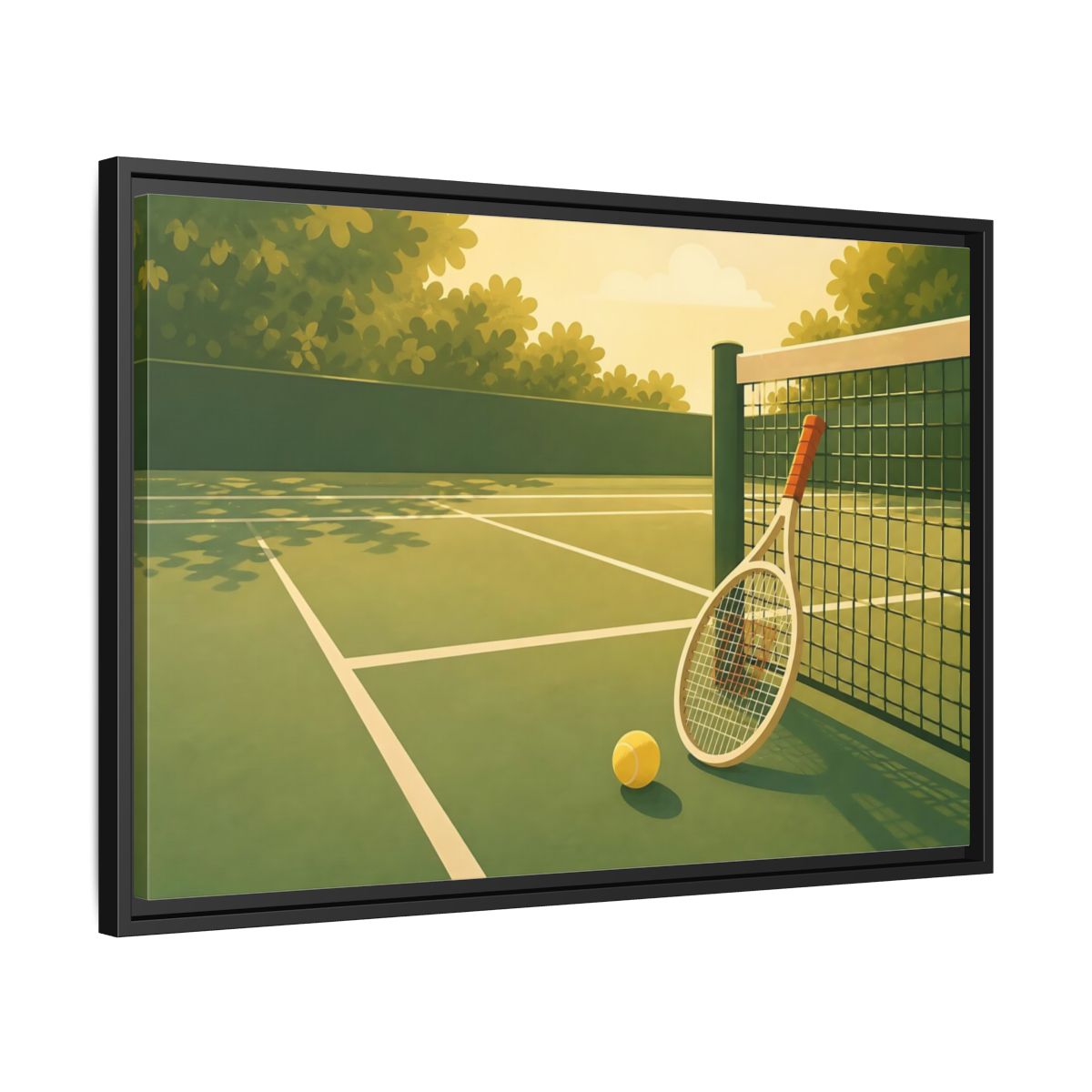 Side Mockup 14. Sunlit Tennis Court shown as framed canvas print