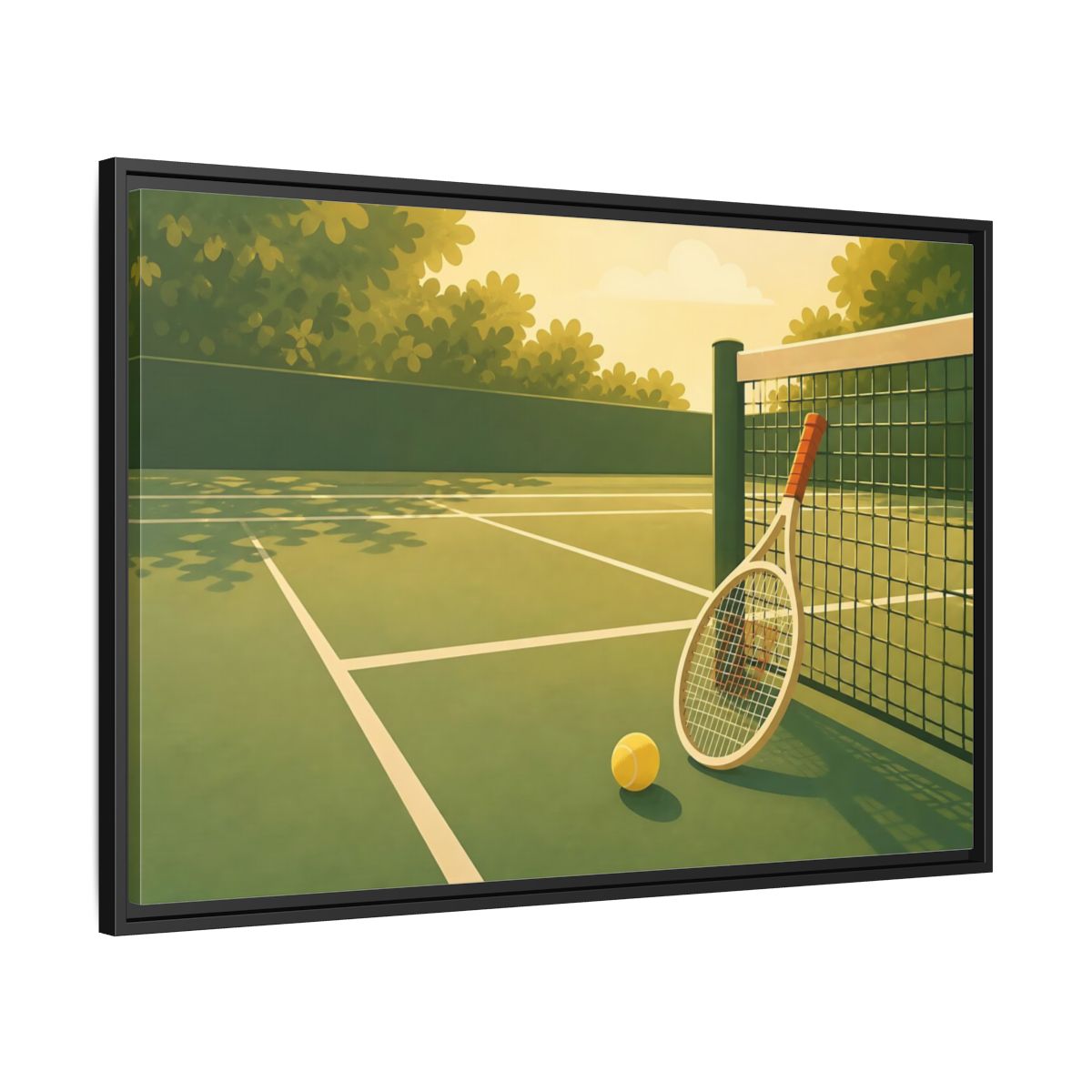 Side Mockup 13. Sunlit Tennis Court shown as framed canvas print