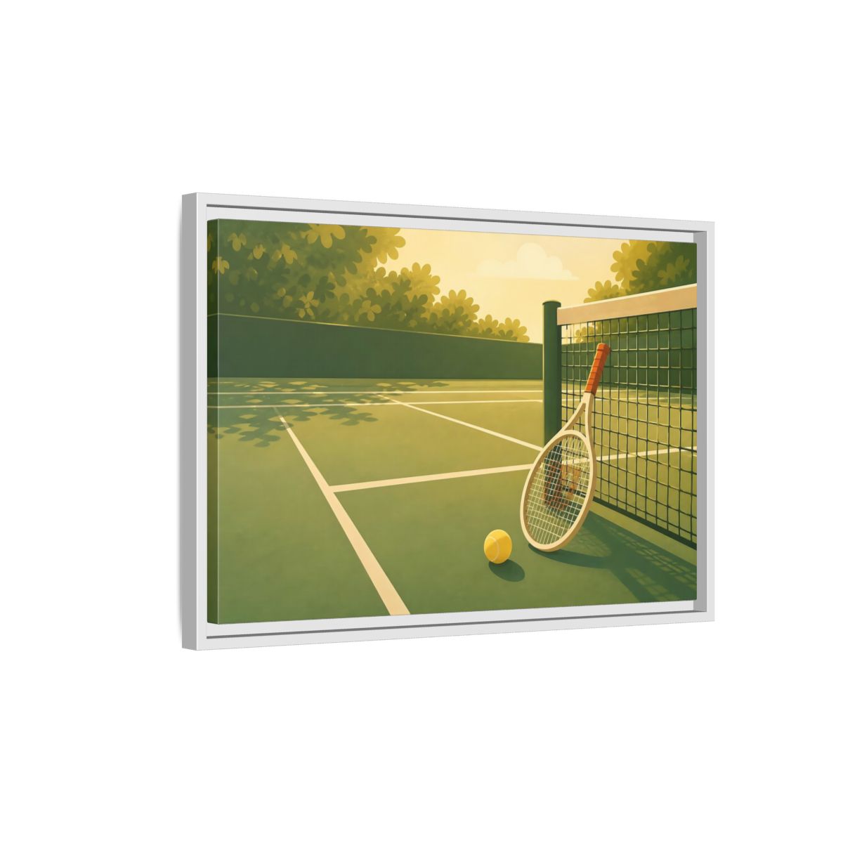 Side Mockup 1. Sunlit Tennis Court shown as framed canvas print