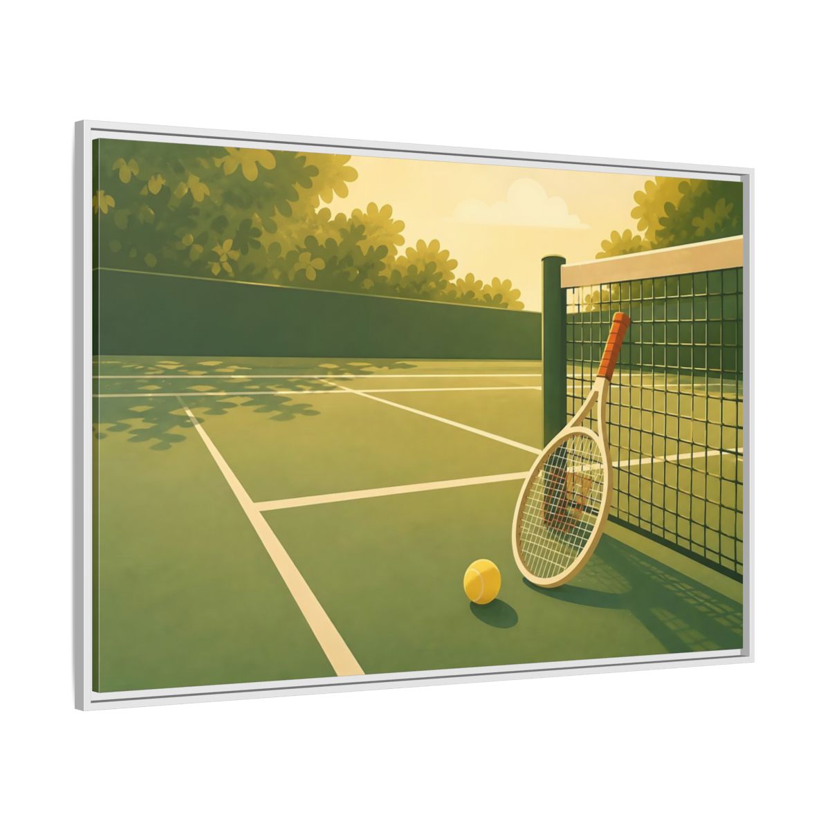 Side Mockup 7. Sunlit Tennis Court shown as framed canvas print