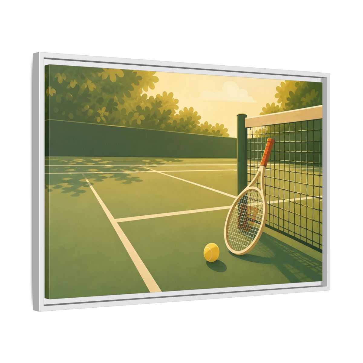 Side Mockup 10. Sunlit Tennis Court shown as framed canvas print