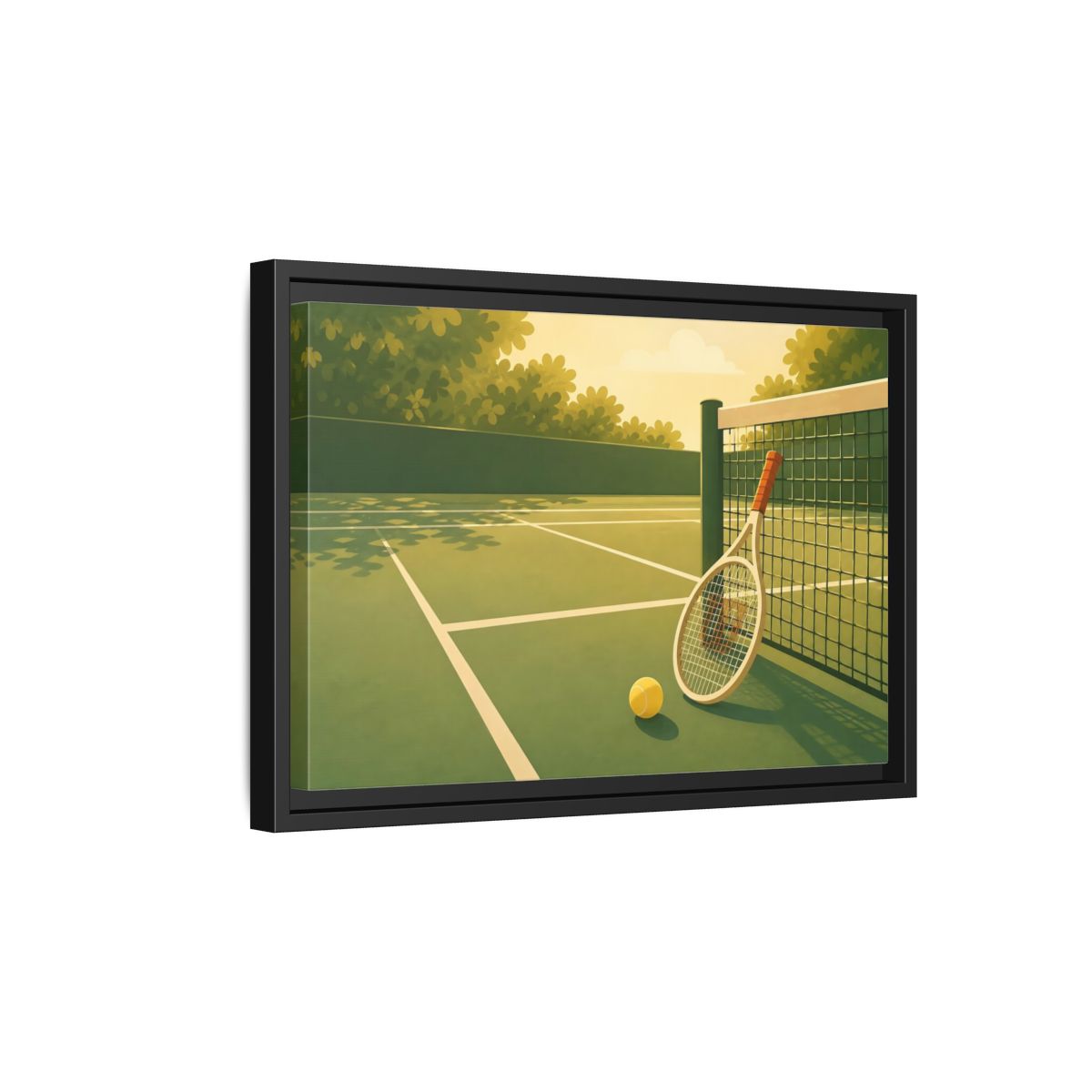 Side Mockup 6. Sunlit Tennis Court shown as framed canvas print