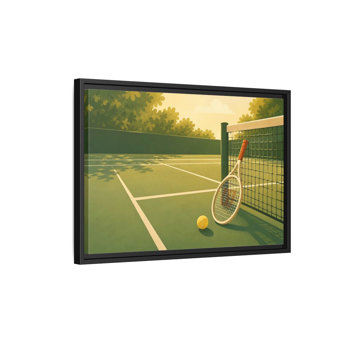 Side Mockup 3. Sunlit Tennis Court shown as framed canvas print