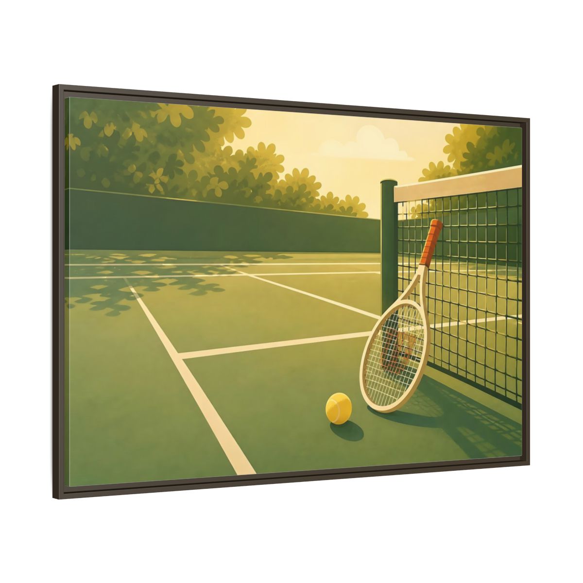 Side Mockup 8. Sunlit Tennis Court shown as framed canvas print