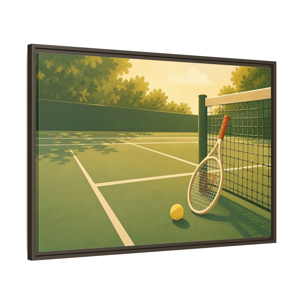 Main Mockup. Sunlit Tennis Court shown as framed canvas print
