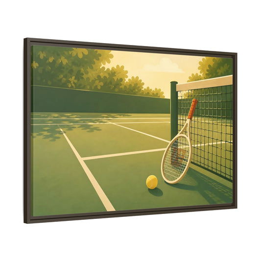 Main Mockup. Sunlit Tennis Court shown as framed canvas print