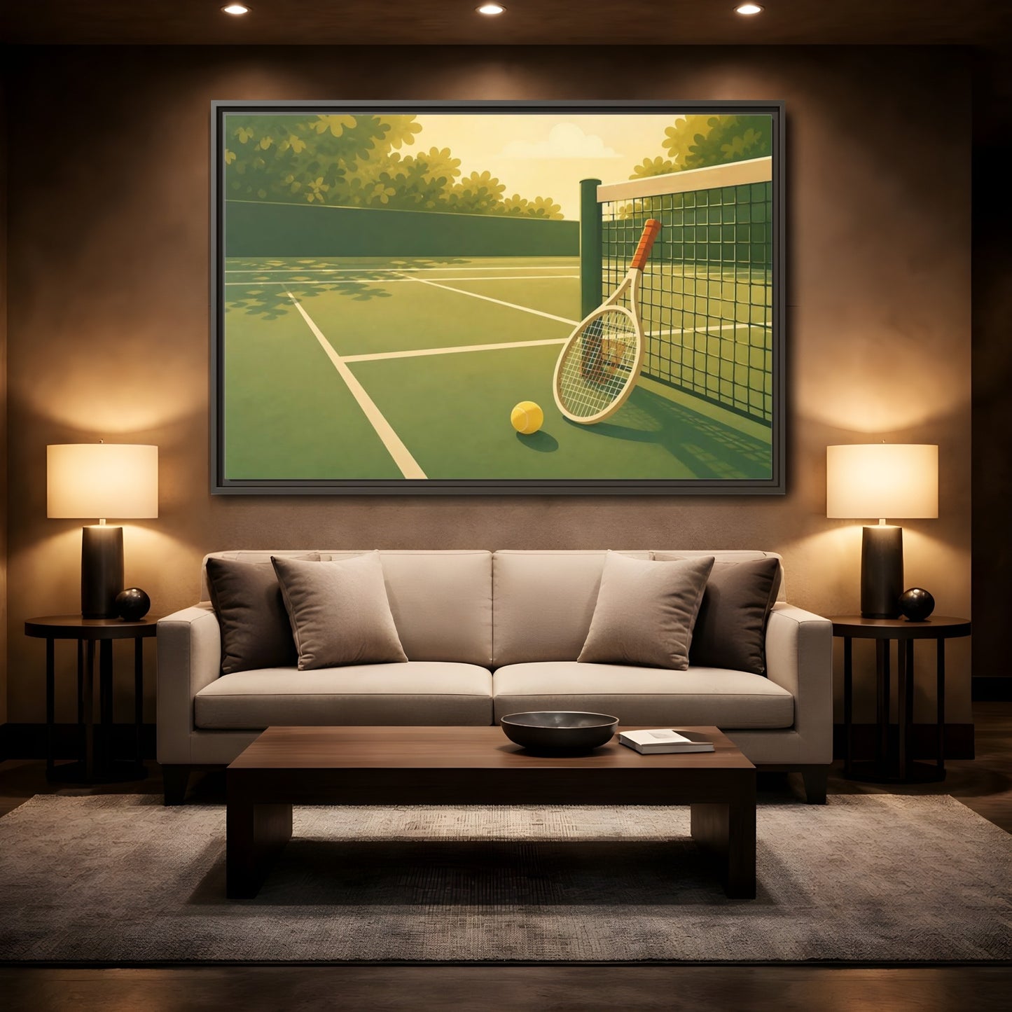 Mockup 2. Sunlit Tennis Court shown as framed canvas print