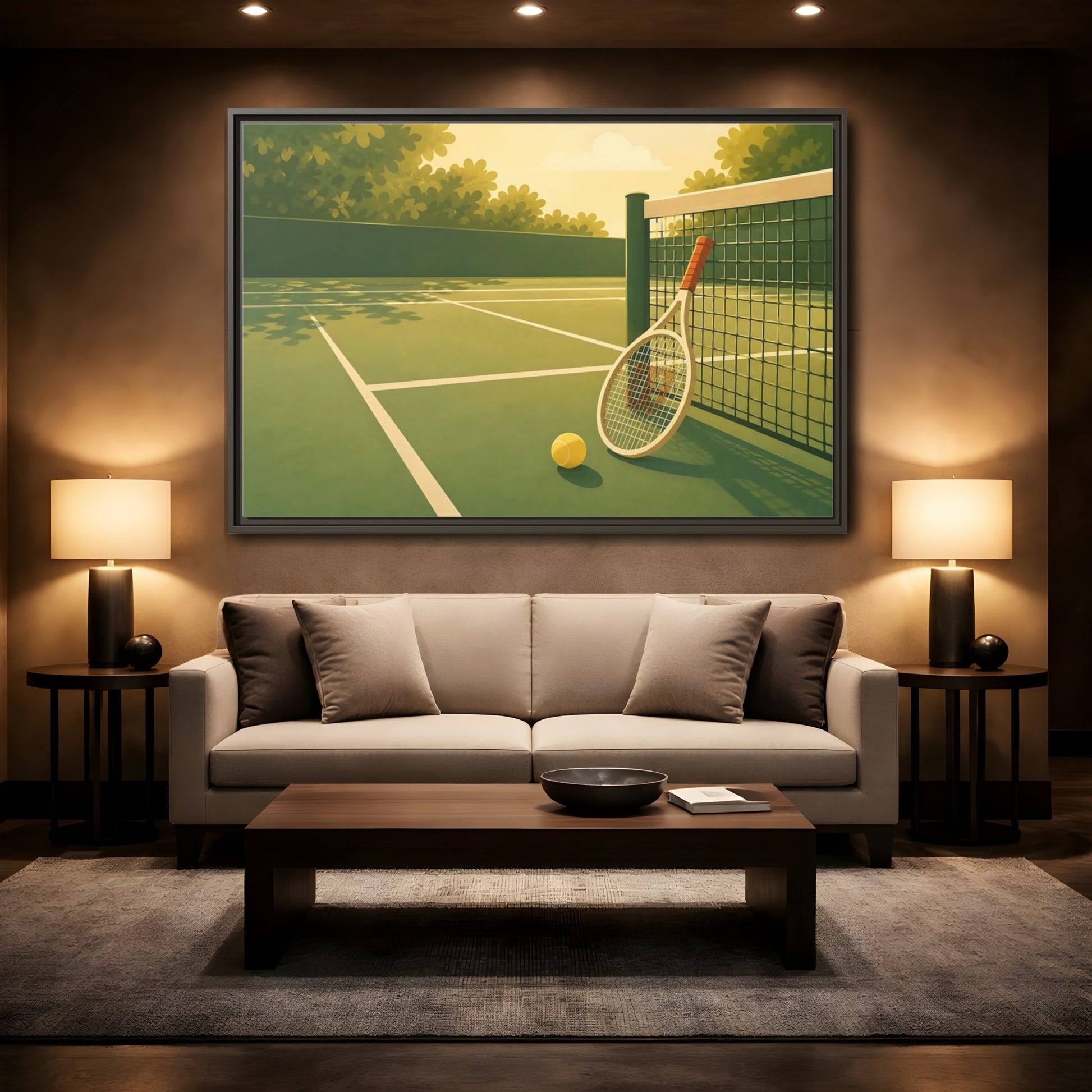 Mockup 2. Sunlit Tennis Court shown as framed canvas print