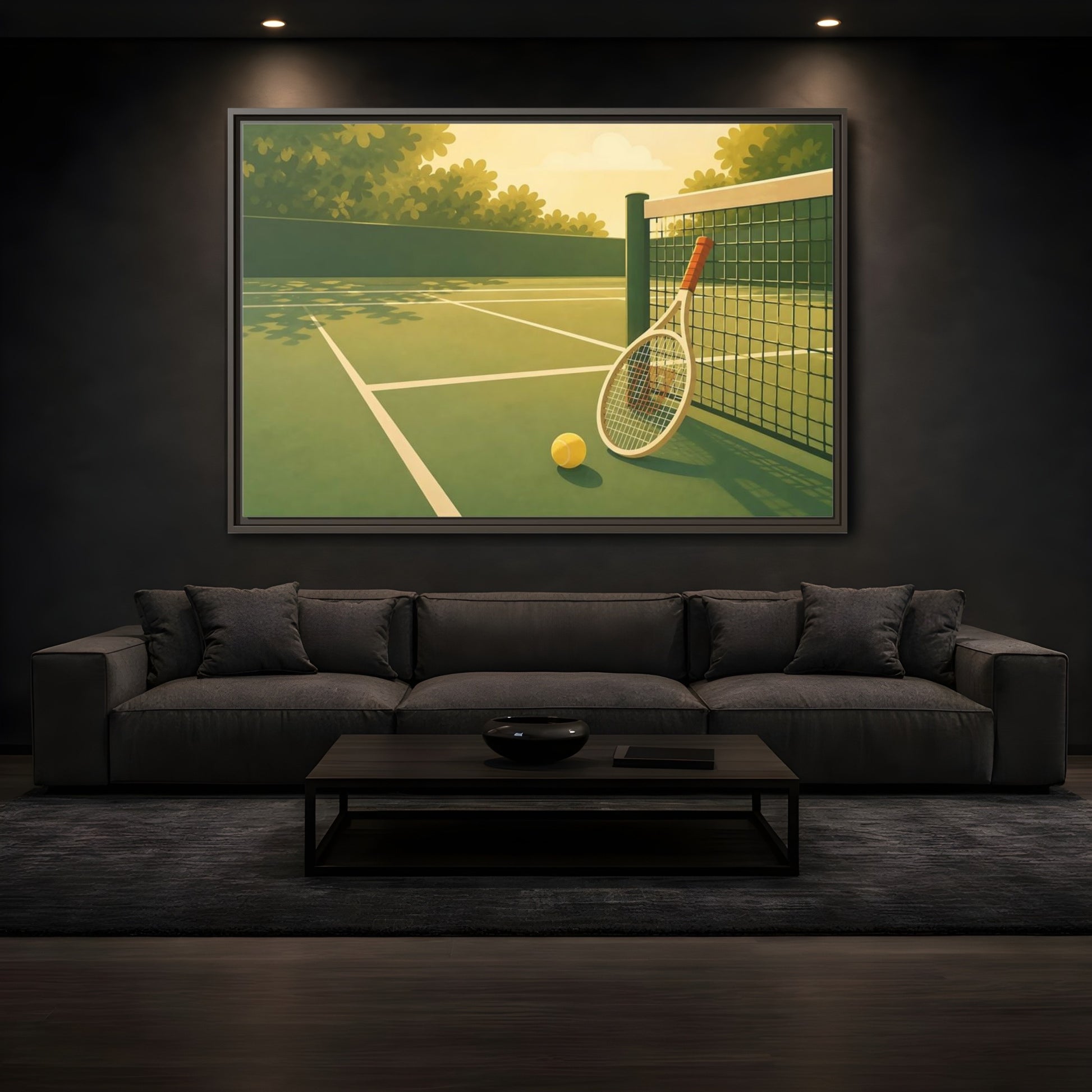 Mockup 3. Sunlit Tennis Court shown as framed canvas print