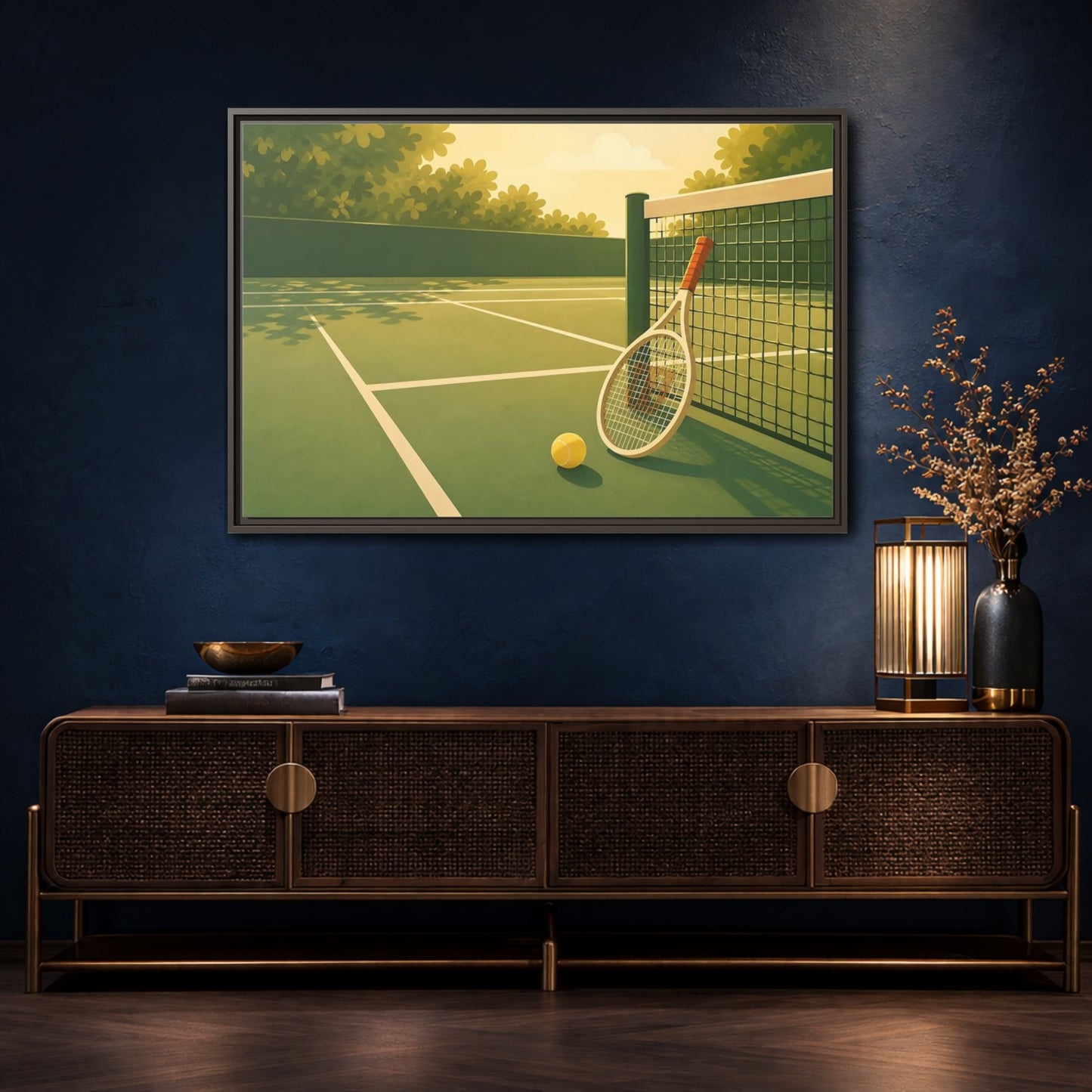Mockup 4. Sunlit Tennis Court shown as framed canvas print