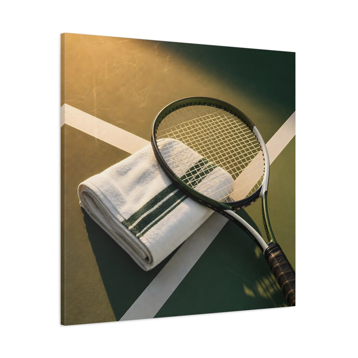 Side Mockup 1. Sunlit Tennis Racket shown as canvas print