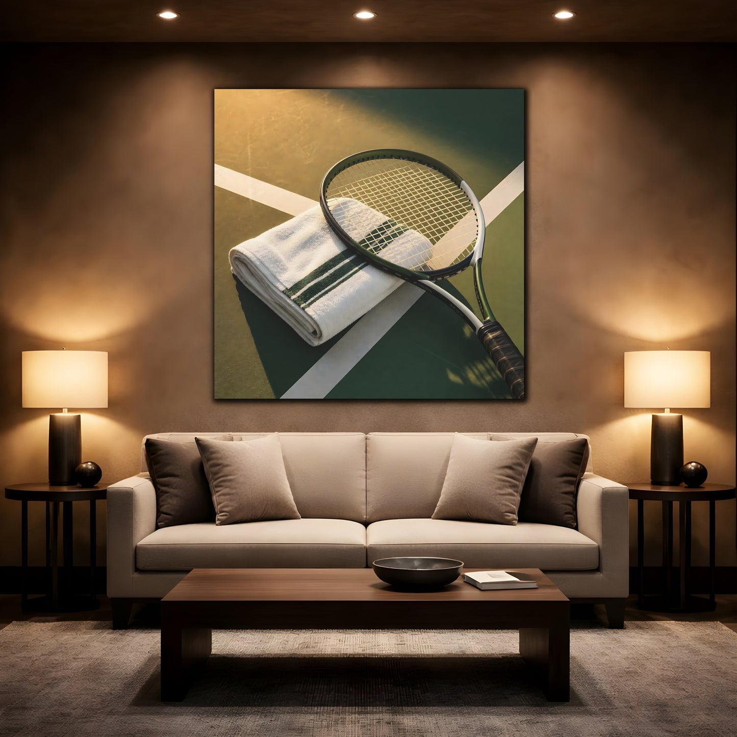 Mockup 2. Sunlit Tennis Racket shown as canvas print