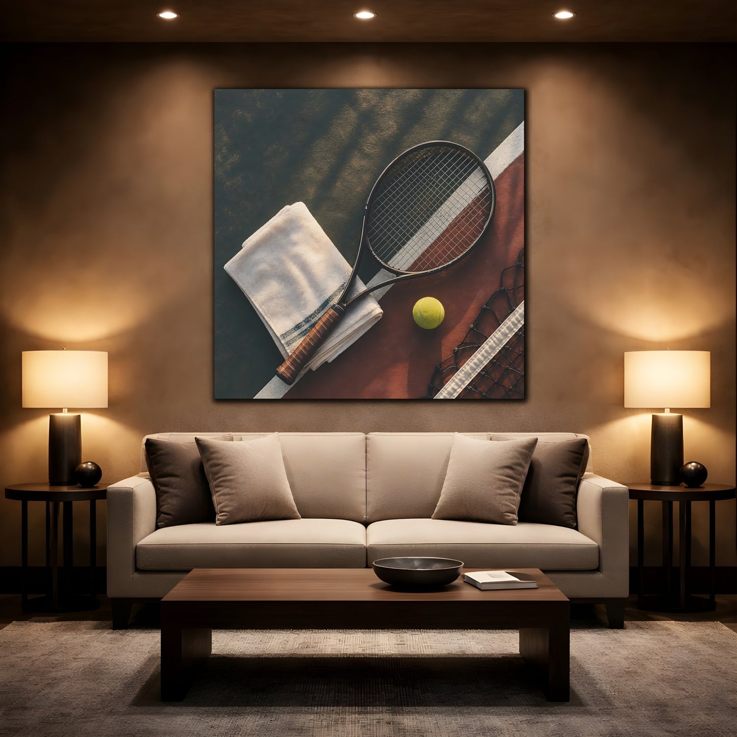 Mockup 2. Sunlit Tennis Racket shown as canvas print