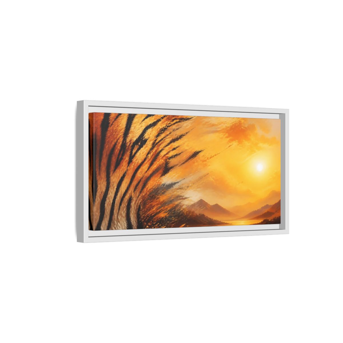 Side Mockup 6. Sunlit Tiger Stripes shown as framed canvas print