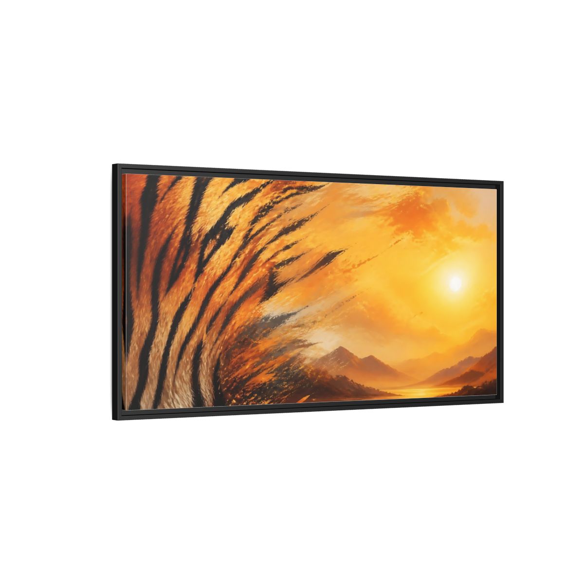 Side Mockup 5. Sunlit Tiger Stripes shown as framed canvas print