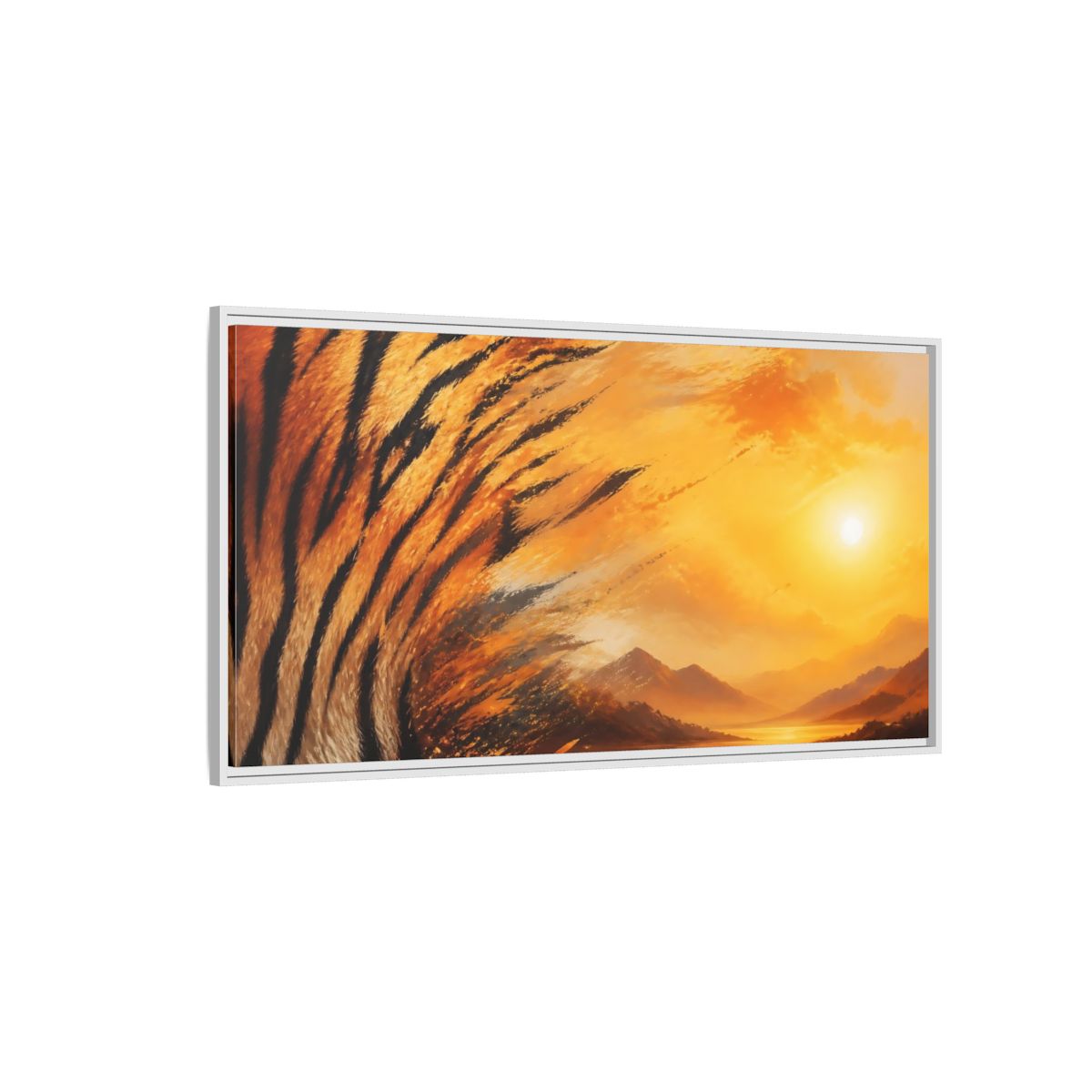 Side Mockup 3. Sunlit Tiger Stripes shown as framed canvas print