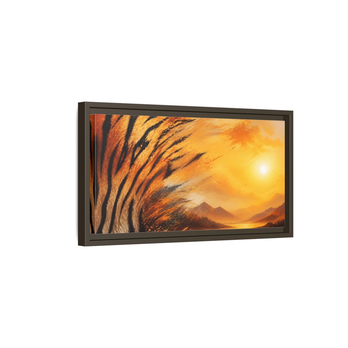 Side Mockup 7. Sunlit Tiger Stripes shown as framed canvas print