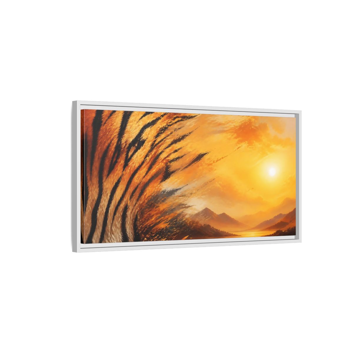 Side Mockup 1. Sunlit Tiger Stripes shown as framed canvas print