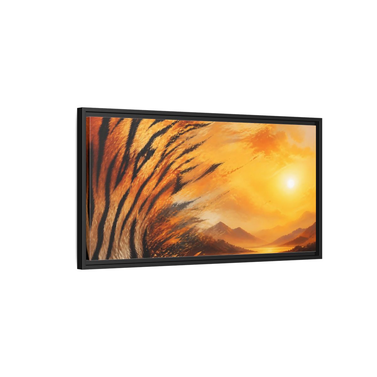 Side Mockup 2. Sunlit Tiger Stripes shown as framed canvas print