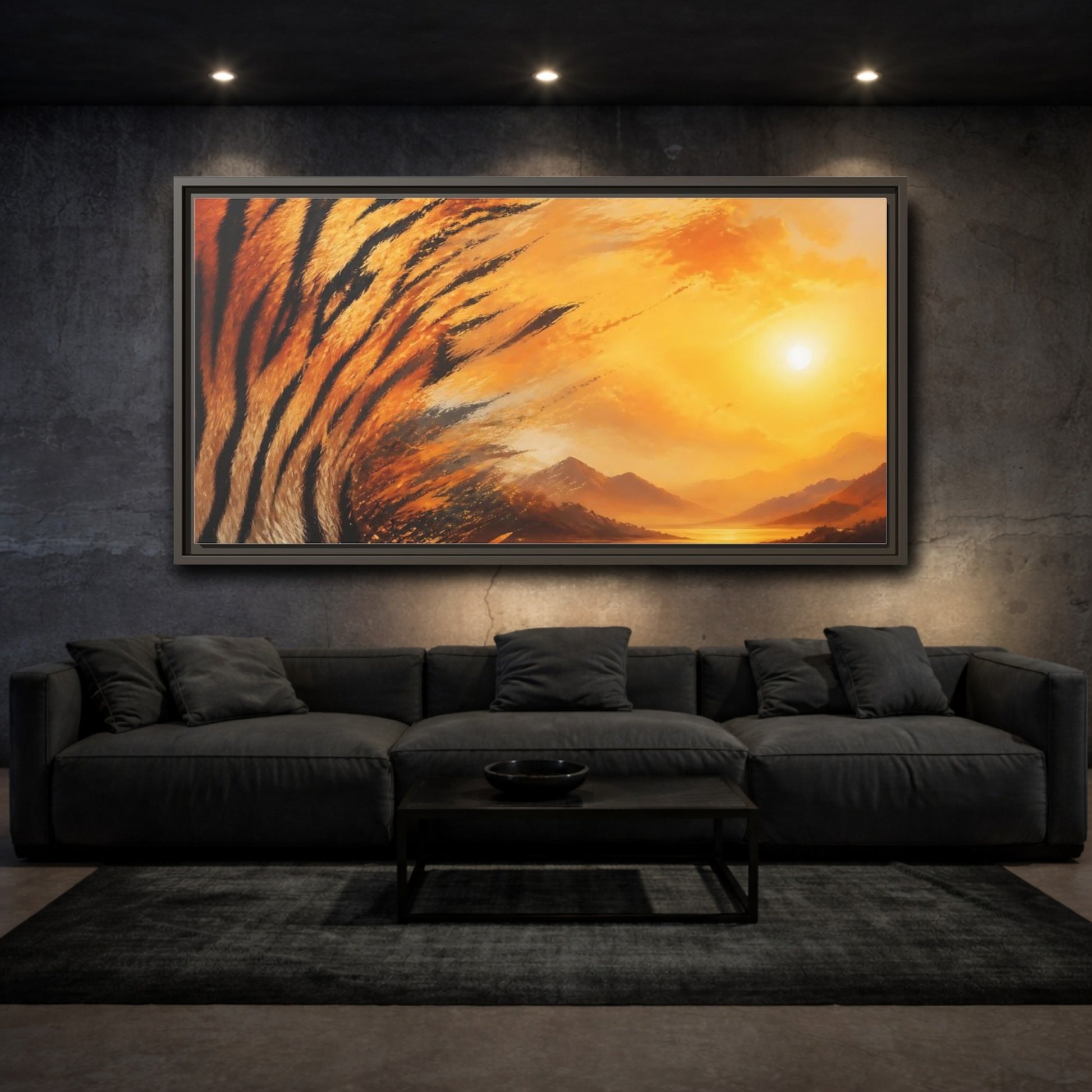 Mockup 3. Sunlit Tiger Stripes shown as framed canvas print