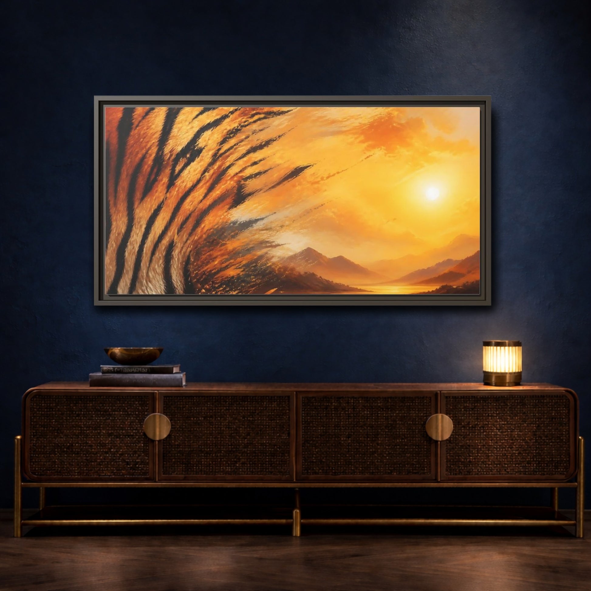 Mockup 4. Sunlit Tiger Stripes shown as framed canvas print