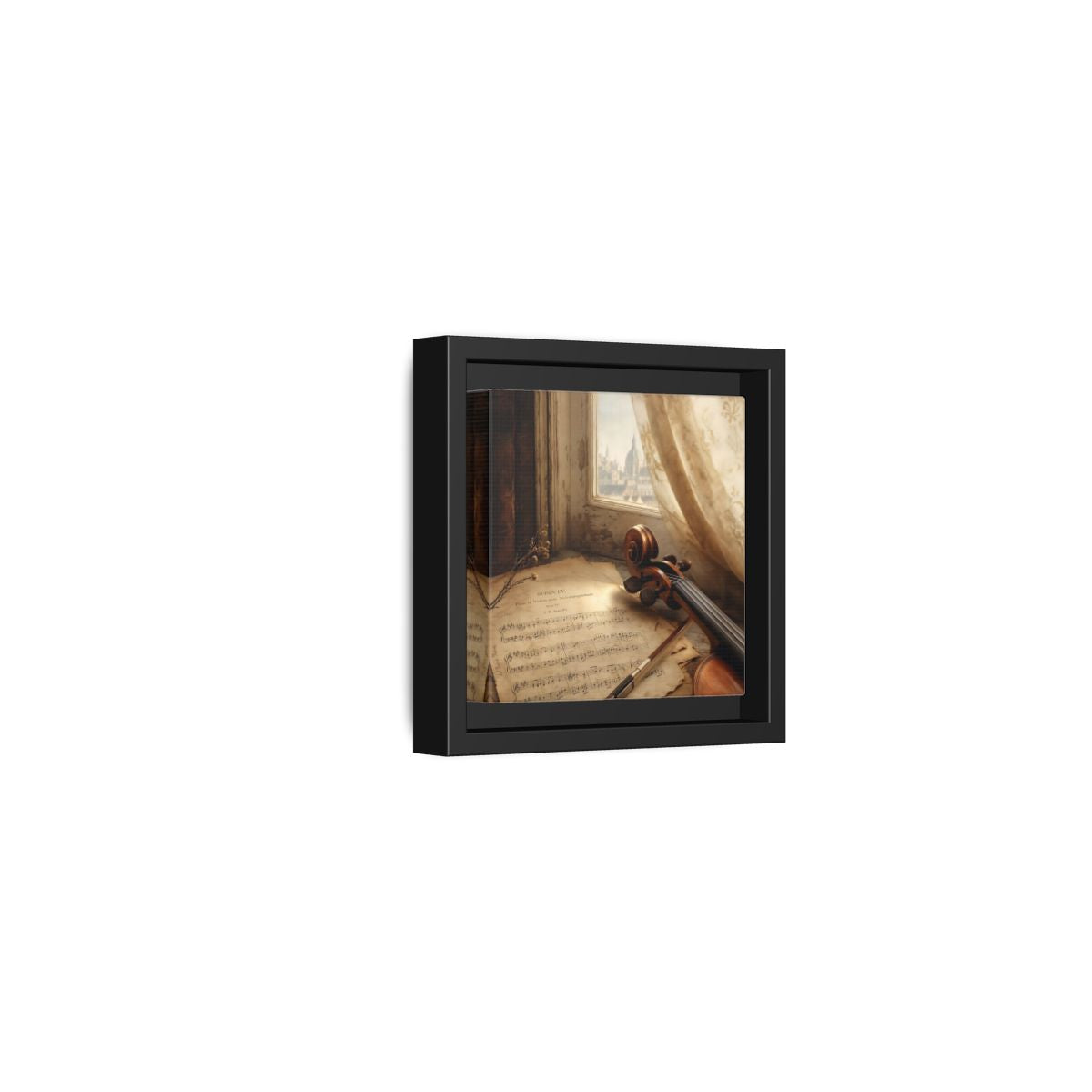 Side Mockup 24. Sunlit Violin By Window shown as framed canvas print