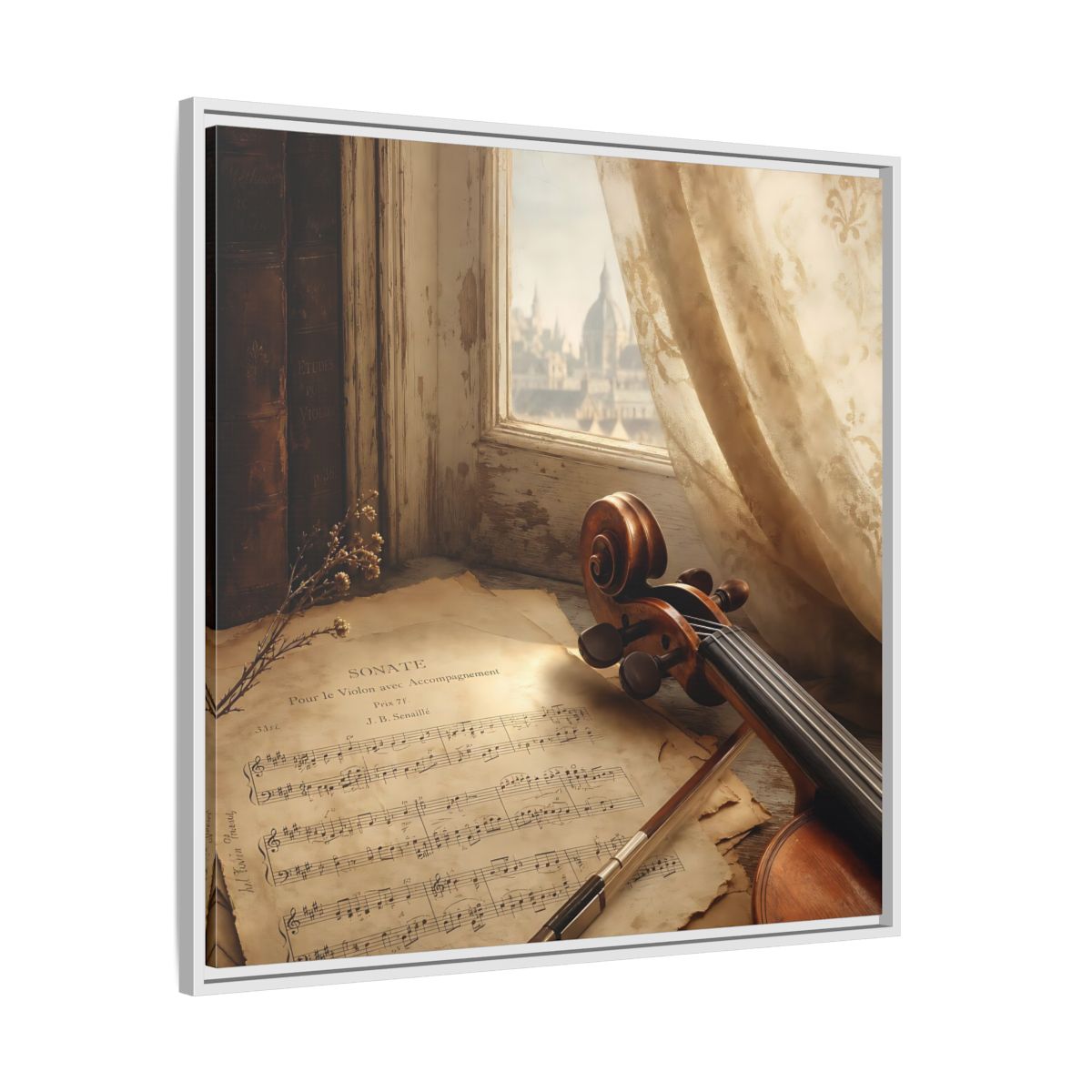 Side Mockup 25. Sunlit Violin By Window shown as framed canvas print