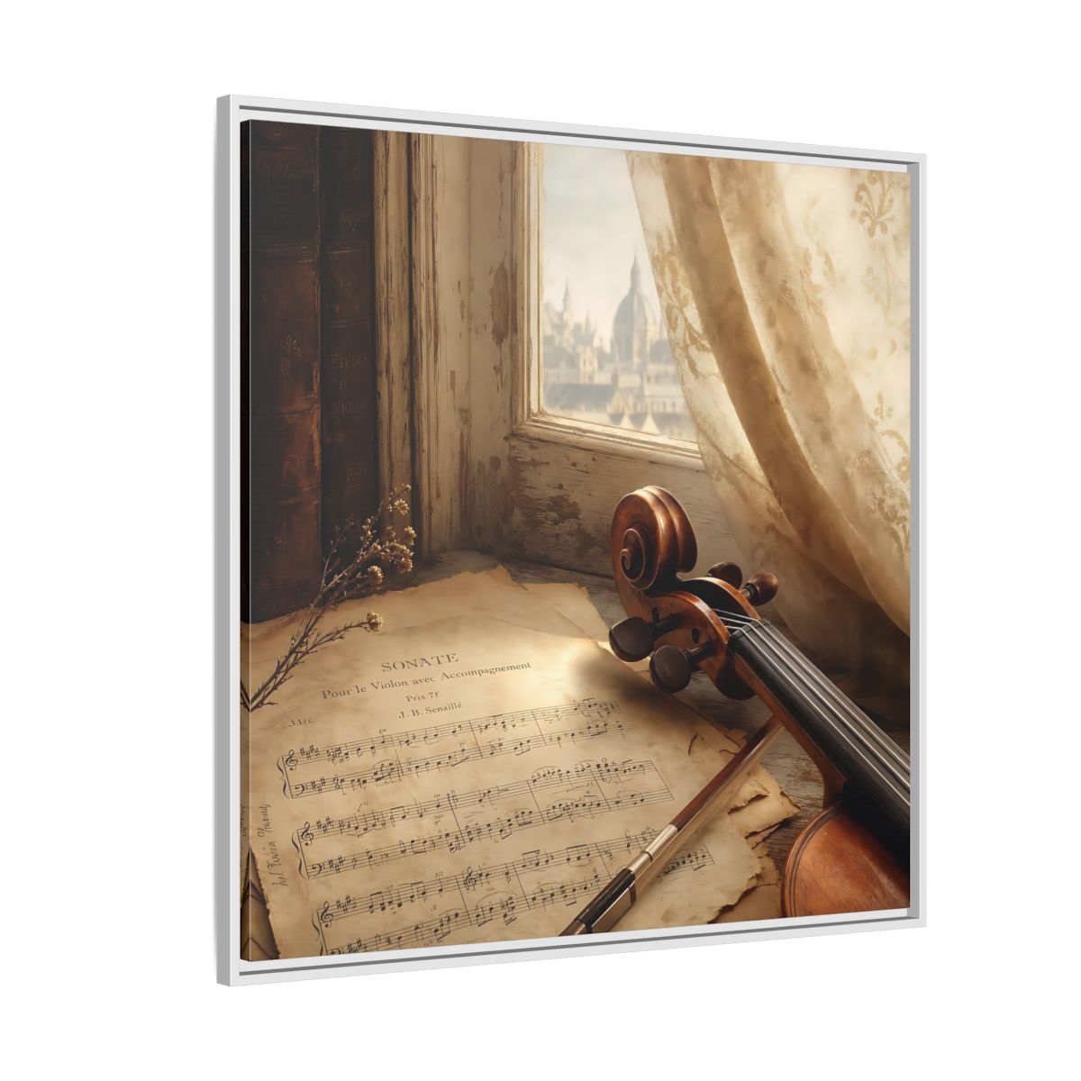 Side Mockup 4. Sunlit Violin By Window shown as framed canvas print