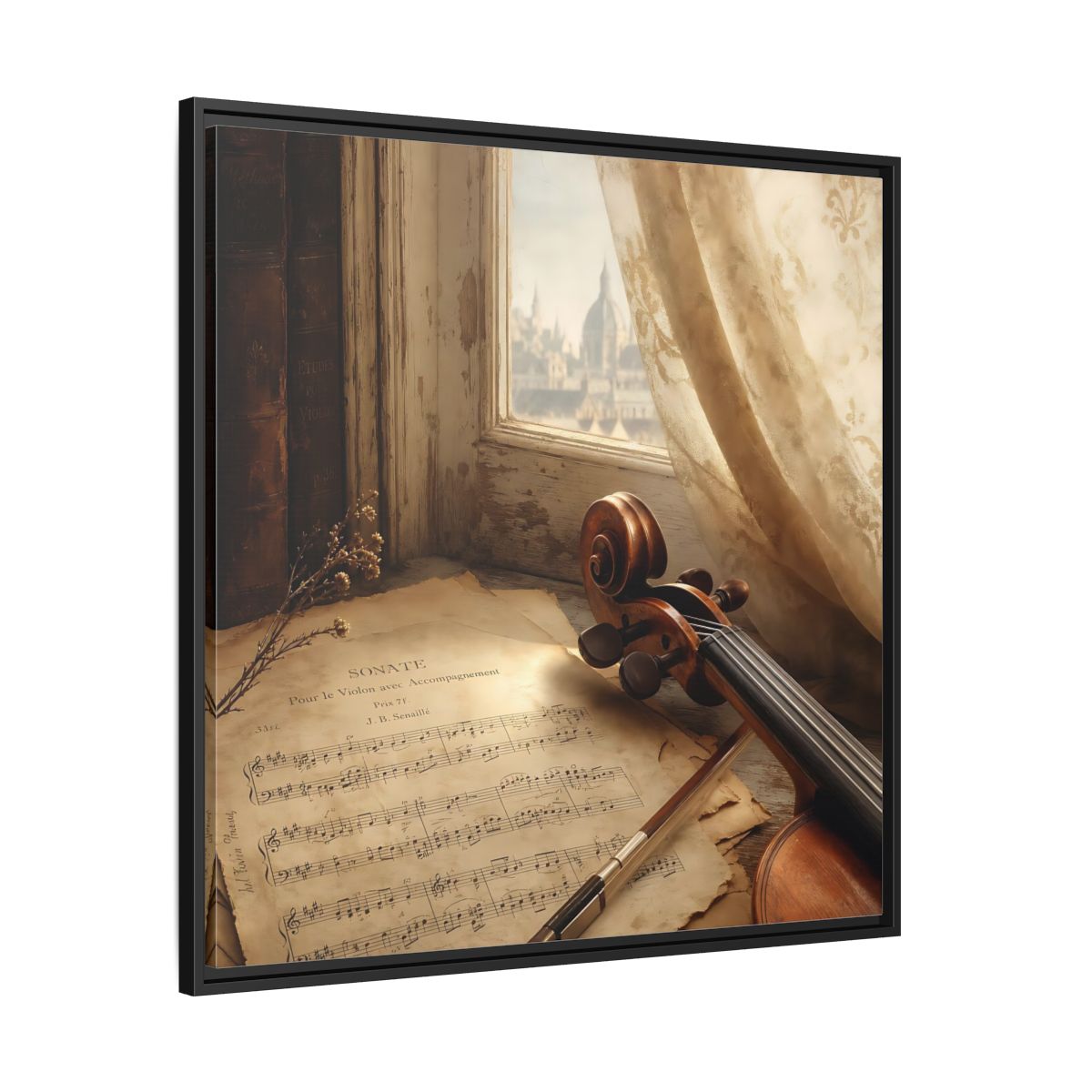 Side Mockup 30. Sunlit Violin By Window shown as framed canvas print