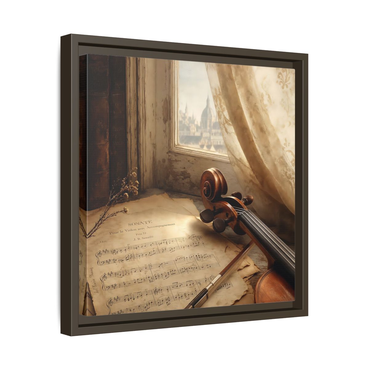 Side Mockup 29. Sunlit Violin By Window shown as framed canvas print