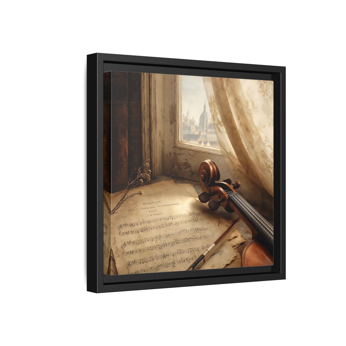 Side Mockup 18. Sunlit Violin By Window shown as framed canvas print