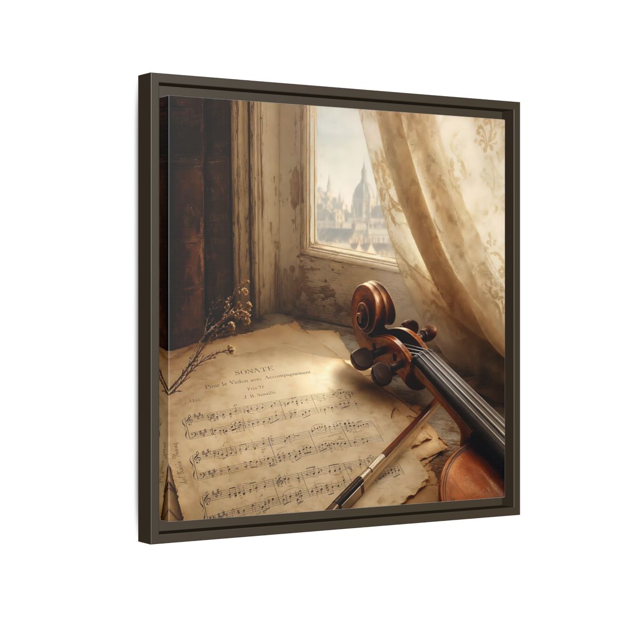 Side Mockup 11. Sunlit Violin By Window shown as framed canvas print