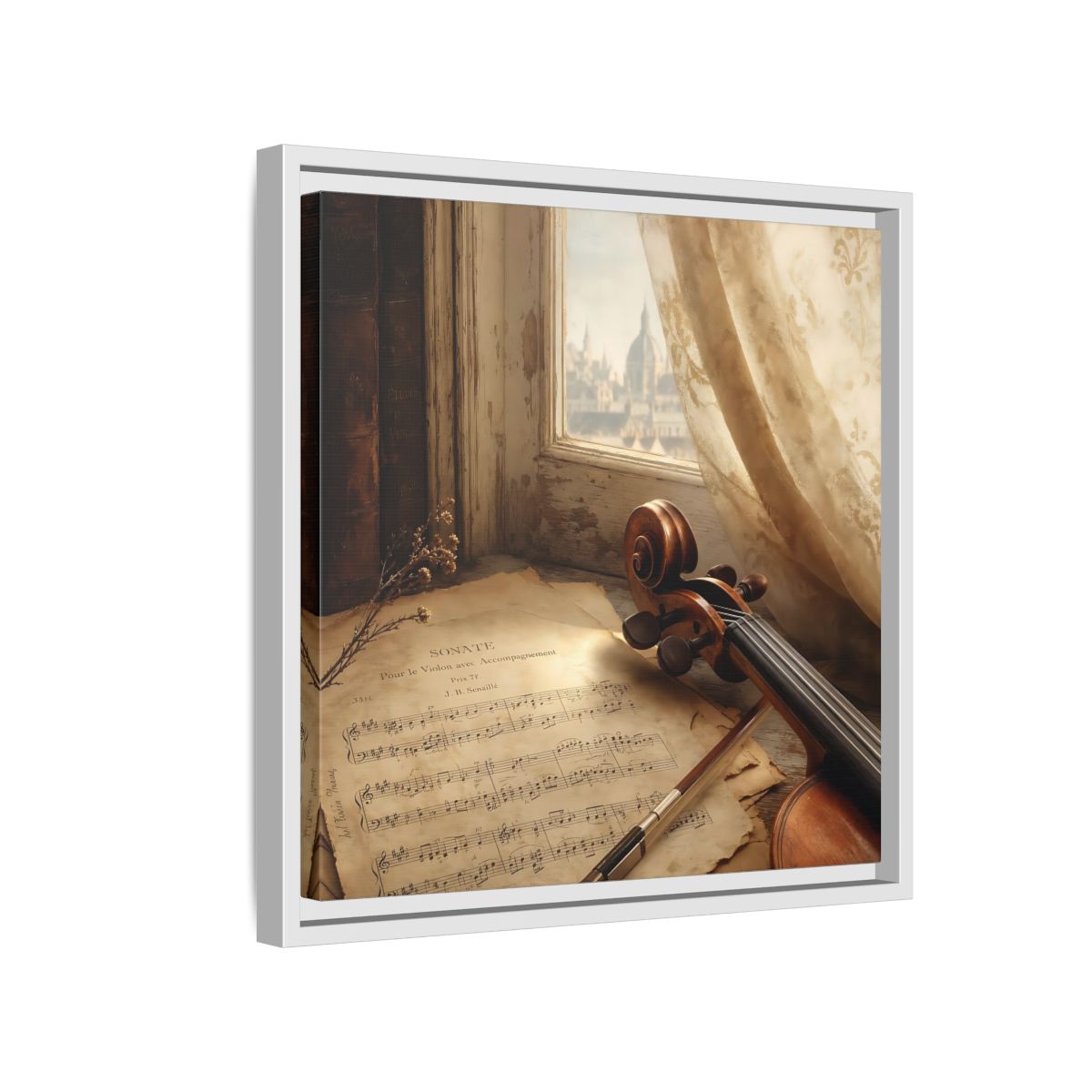 Side Mockup 13. Sunlit Violin By Window shown as framed canvas print