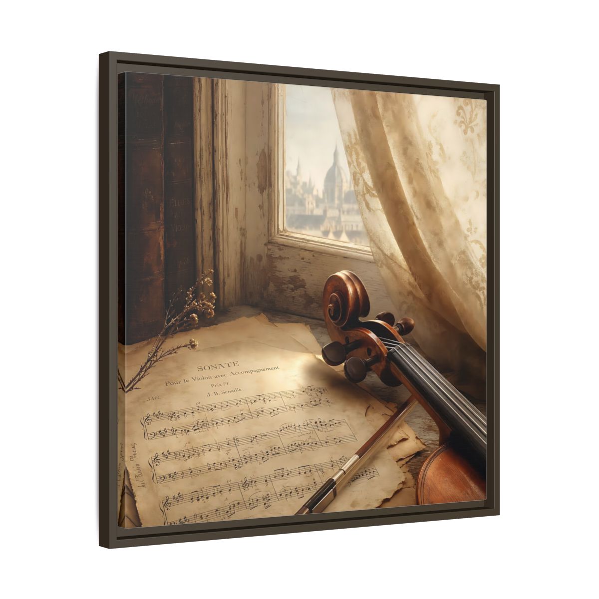 Side Mockup 27. Sunlit Violin By Window shown as framed canvas print