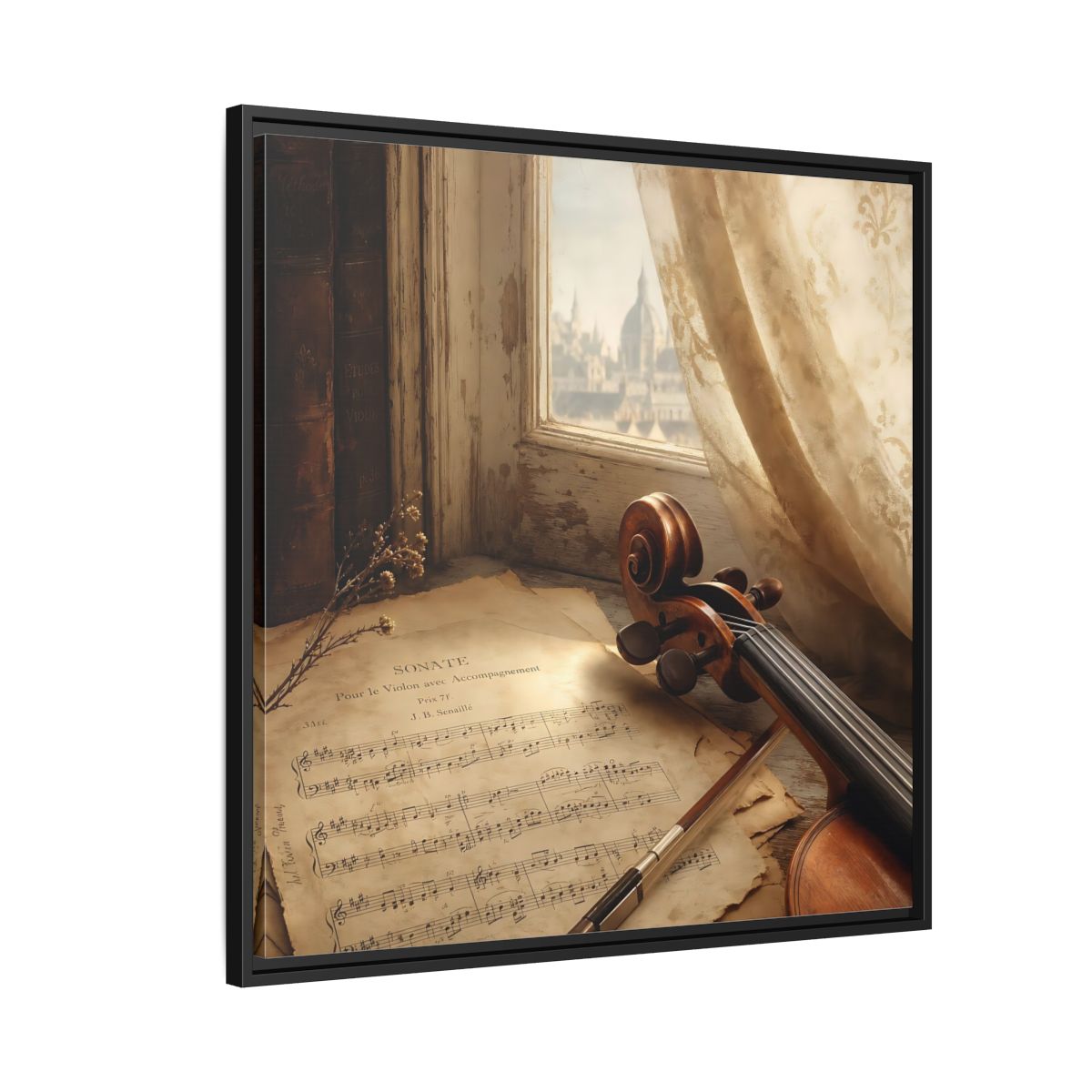 Side Mockup 9. Sunlit Violin By Window shown as framed canvas print