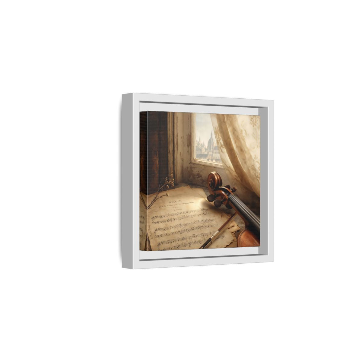 Side Mockup 1. Sunlit Violin By Window shown as framed canvas print