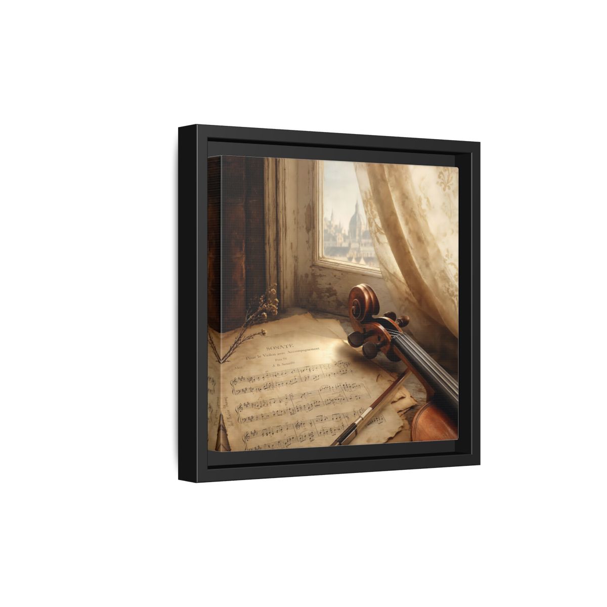 Side Mockup 21. Sunlit Violin By Window shown as framed canvas print