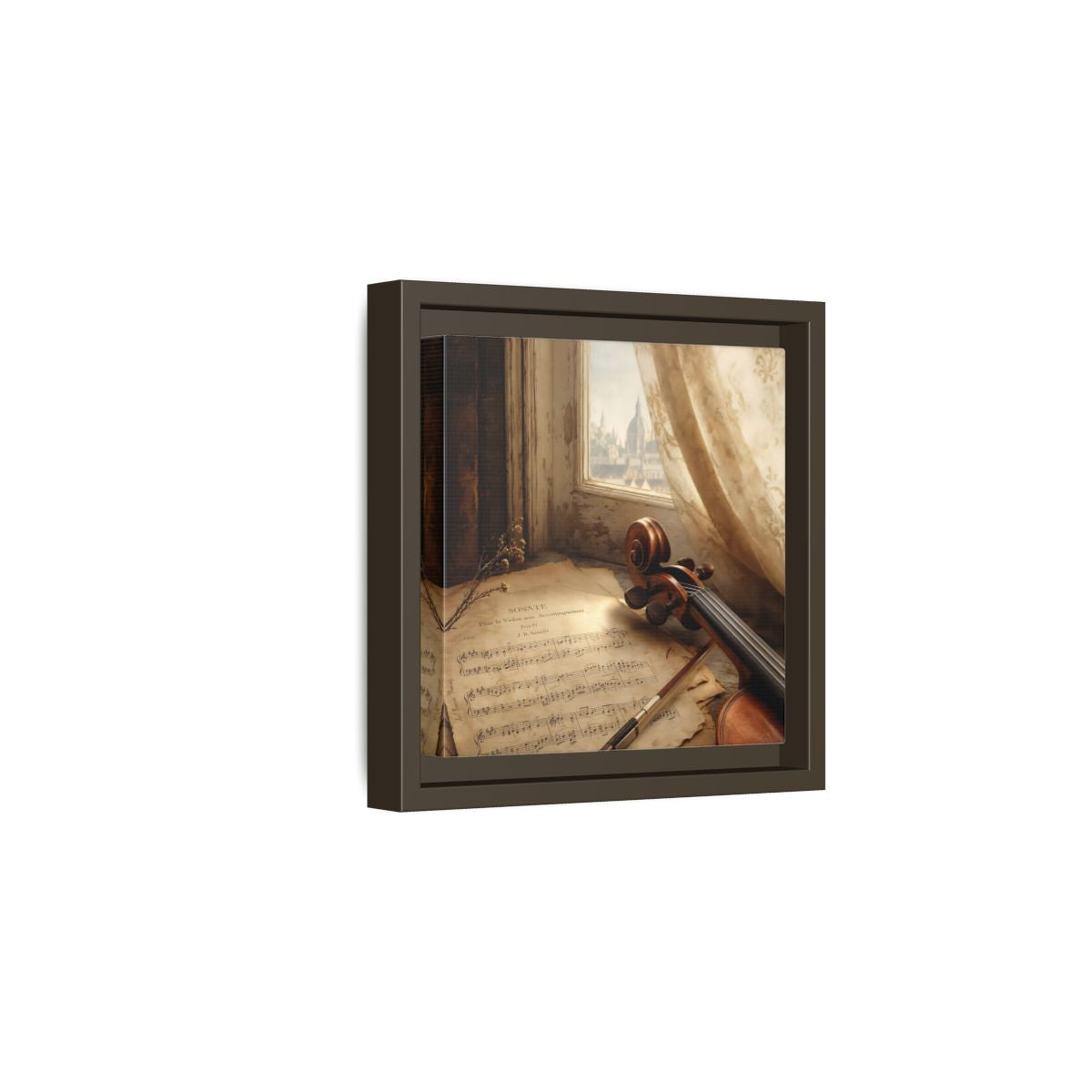 Side Mockup 2. Sunlit Violin By Window shown as framed canvas print