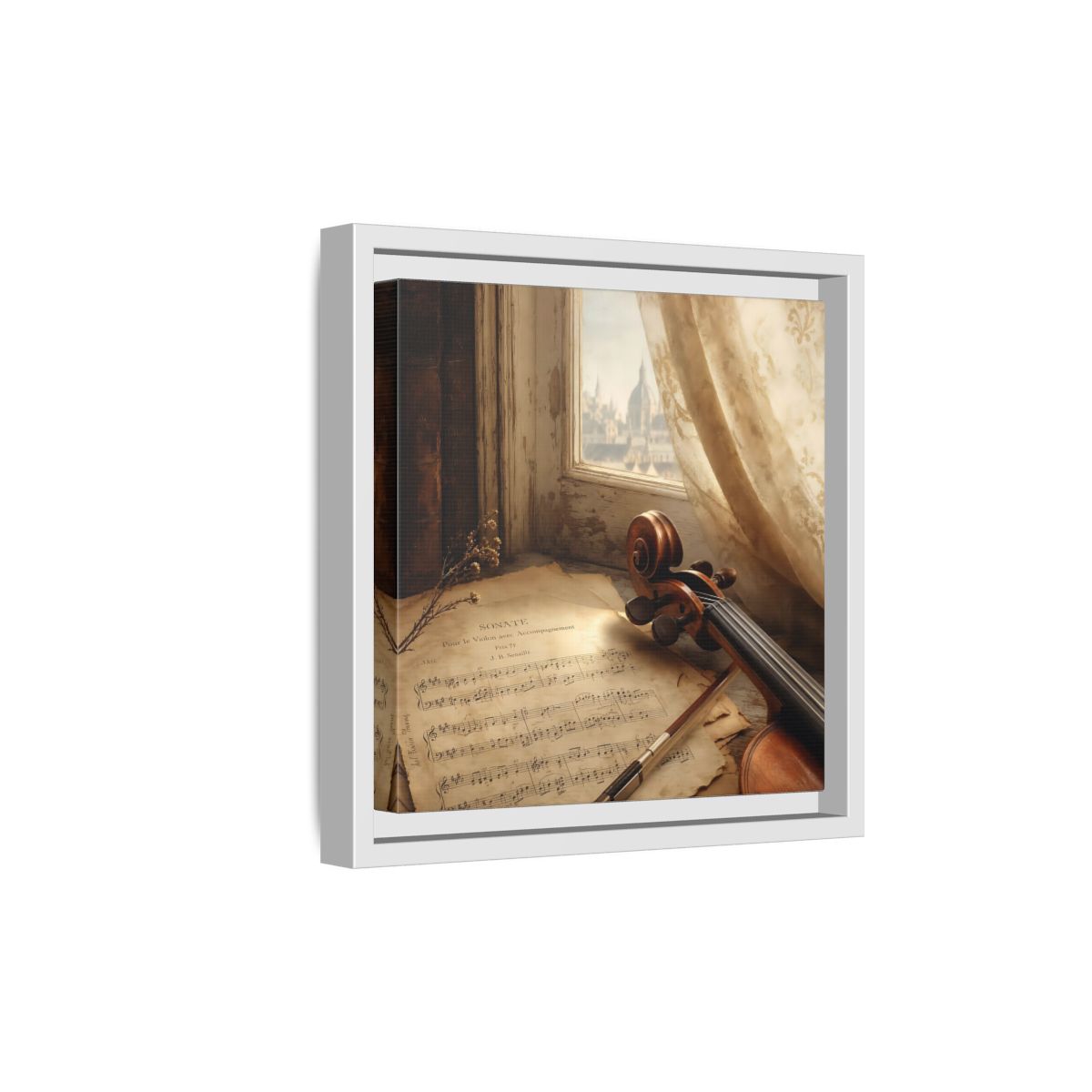 Side Mockup 19. Sunlit Violin By Window shown as framed canvas print